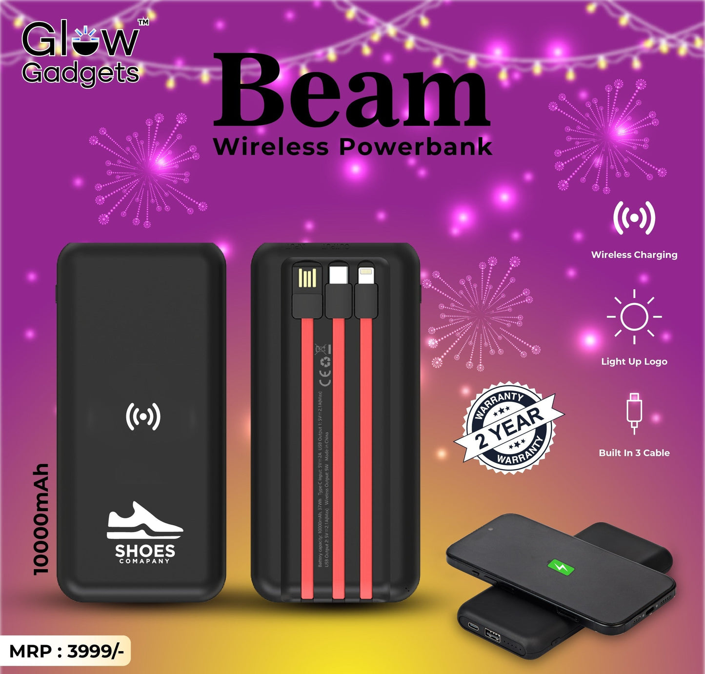 Personalized Logo Glow 10000mAh Powerbank with Inbuilt Charging Cables - For Corporate Gifting, Event Gifting, Freebies, Return Gift, Promotions - HK10282