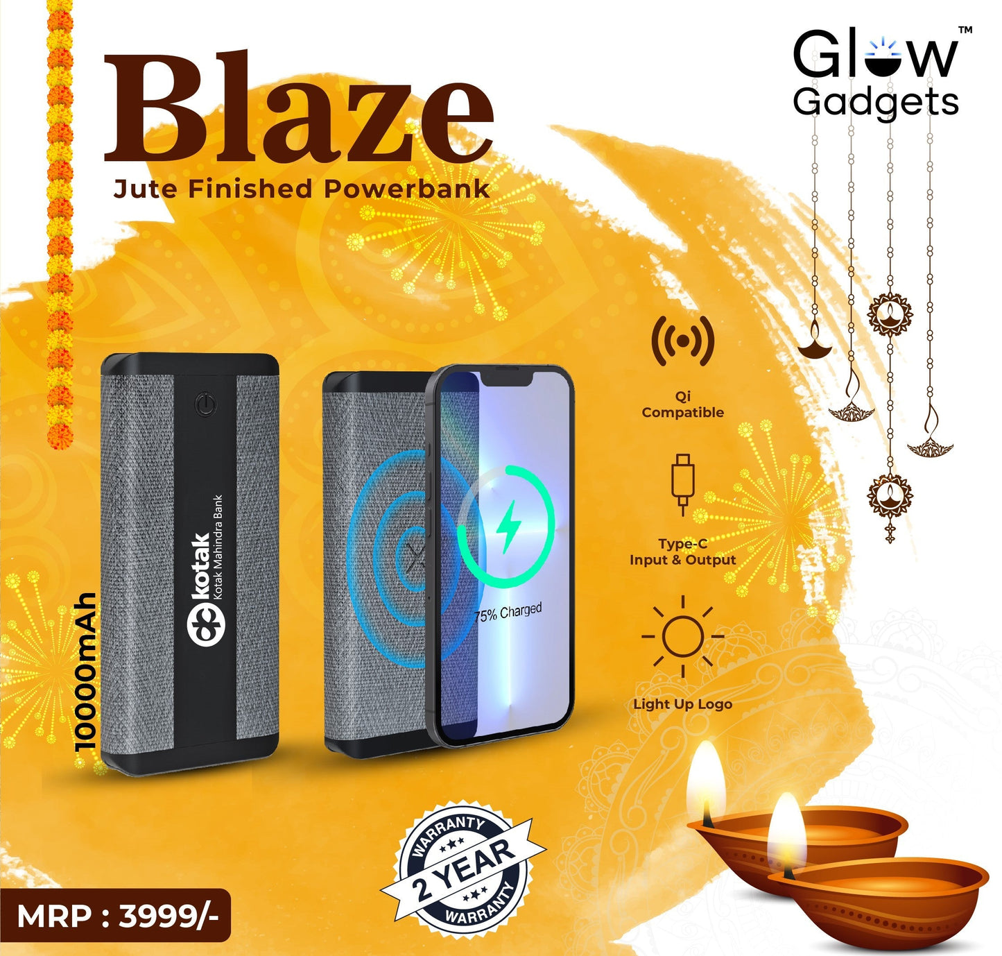 Personalized Logo Glow 10000mAh Jute Finished Wireless Powerbank - For Corporate Gifting, Event Gifting, Freebies, Return Gift, Promotions - HK10283