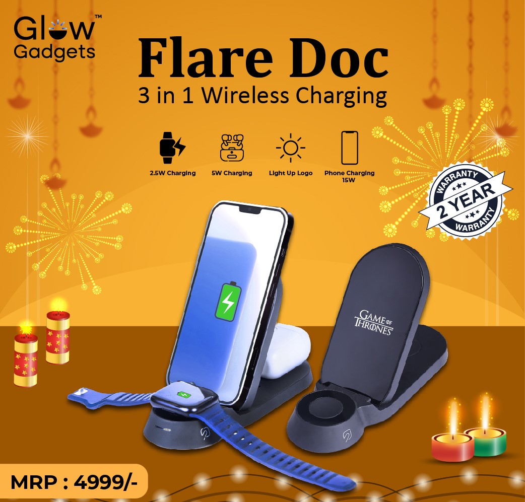 Personalized Logo Glow Multipurpose 3in1 Wireless Charger - For Corporate Gifting, Event Gifting, Freebies, Return Gift, Promotions - HK10289