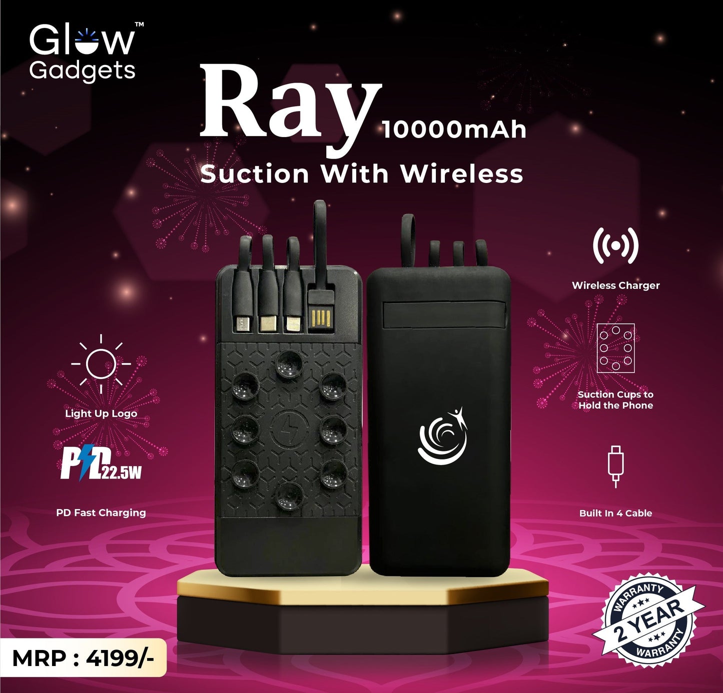 Personalized Logo Glow 10000mAh Wireless Powerbank - For Corporate Gifting, Event Gifting, Freebies, Return Gift, Promotions - HK10287
