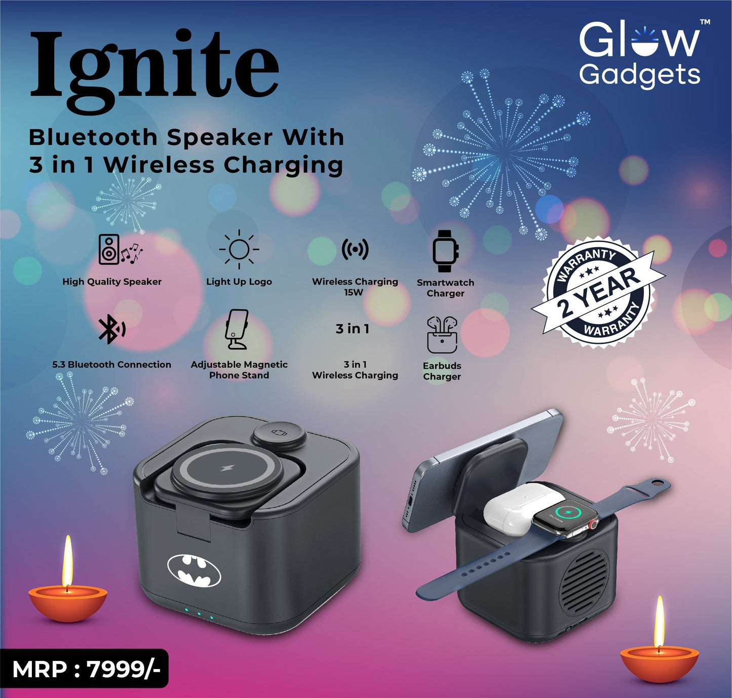 Personalized Logo Glow Multipurpose Bluetooth Speaker cum 3 in 1 Wireless Charger - For Corporate Gifting, Event Gifting, Freebies, Return Gift, Promotions - HK10286