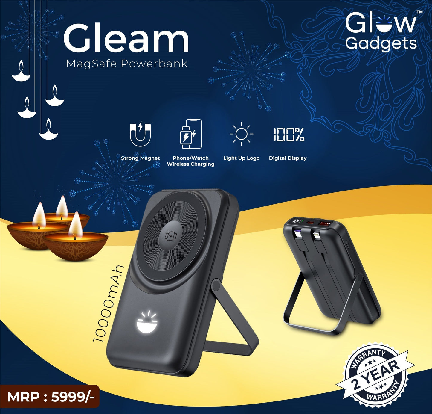Personalized Logo Glow 10000mAh 15W wireless charging, and built-in Type-C and Lightning cable - For Corporate Gifting, Event Gifting, Freebies, Return Gift, Promotions - HK10286
