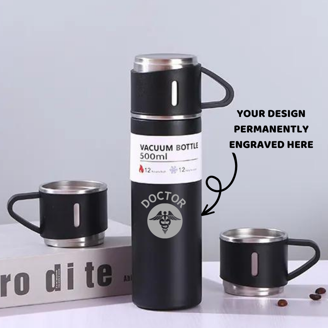 Personalized Laser Engraved Black Steel Vacuum Flask Set with 3 Steel Cups Combo - - For Corporate Gifting, Return Gift, Event Freebies and Promotions TGMGC-76