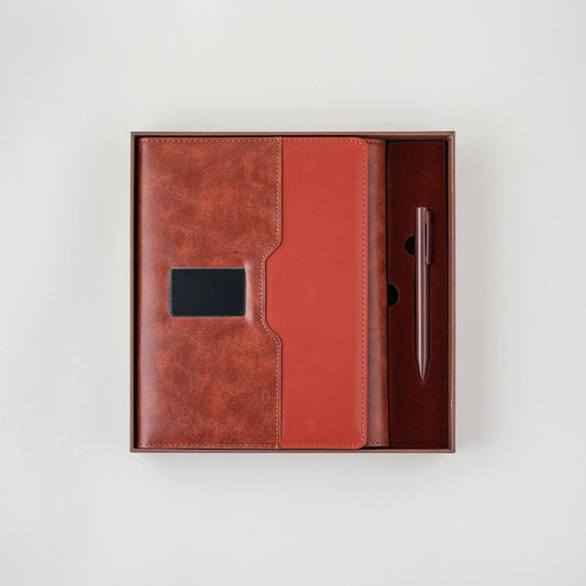 Engraved 2 in 1 Brown Leather Finished 8000mAh Power Bank Diary With Pen Logo Glow Combo Gift Set - For Employee Joining Kit, Client, Dealer Gifting, Corporate Gifting or Return Gift HK10246