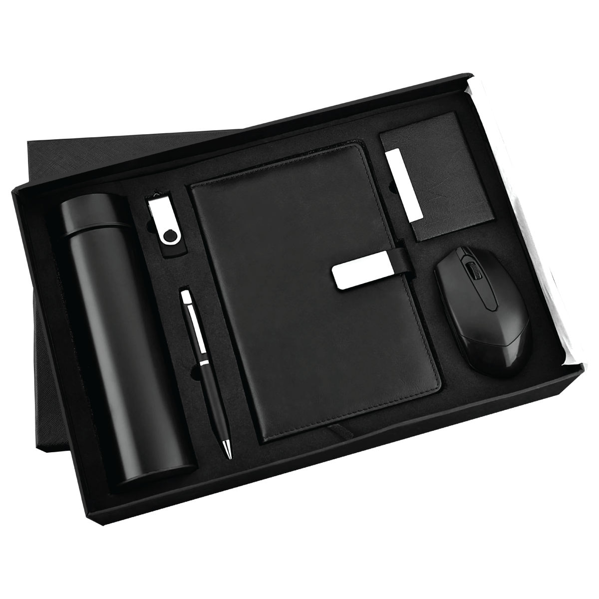 Black 6in1 Combo Gift Set Wireless Mouse, Pen, 32 GB USB Pen Drive, Notebook Diary, Cardholder, and Temperature Bottle - For Employee Joining Kit, Corporate, Client or Dealer Gifting JKSR181