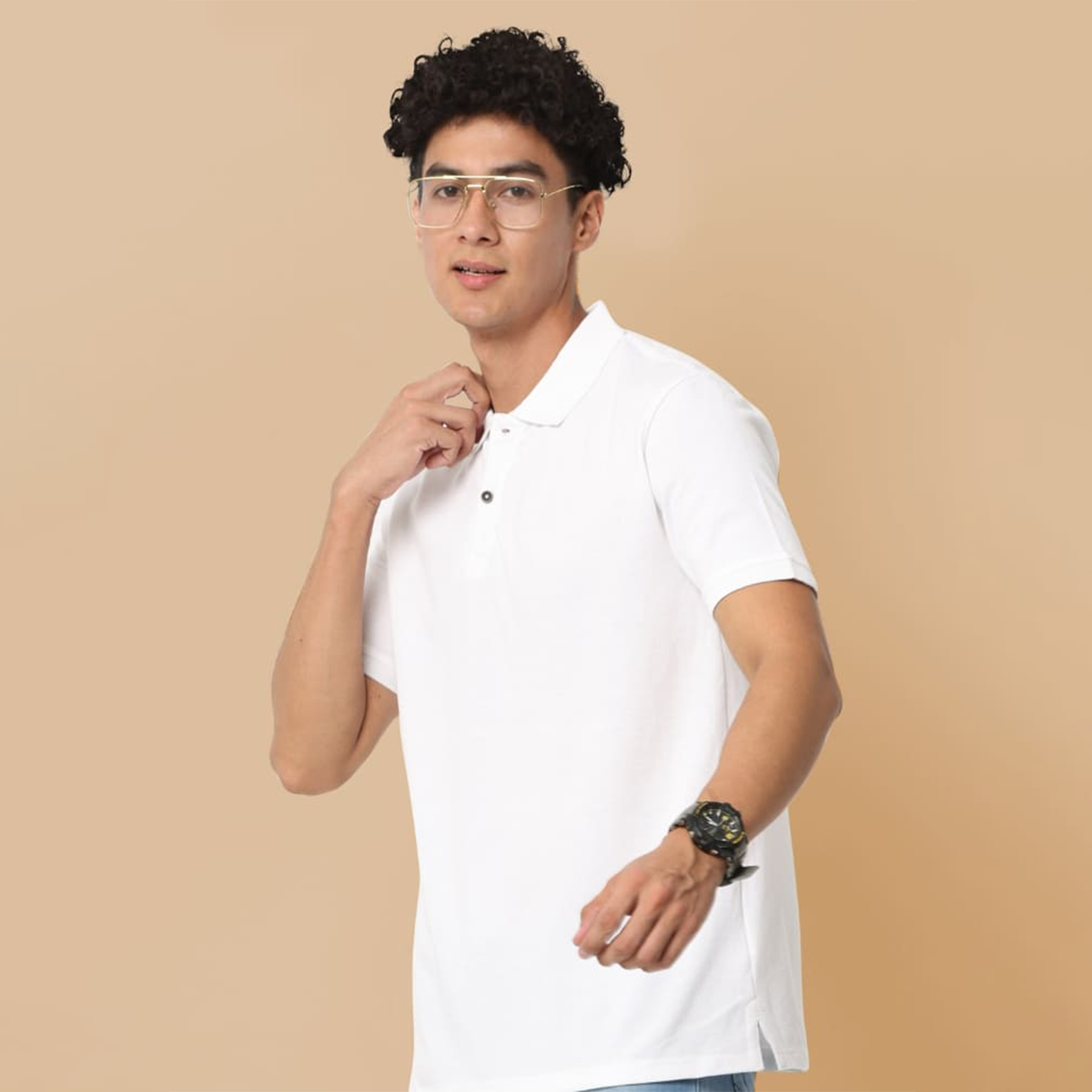 Personalized white jacquard polo styled for a corporate or business casual setting.