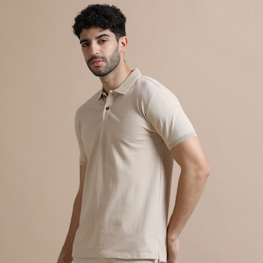 Beige jacquard polo t-shirt with a placeholder design area showing where users can add their own logo, artwork, or text for customized.