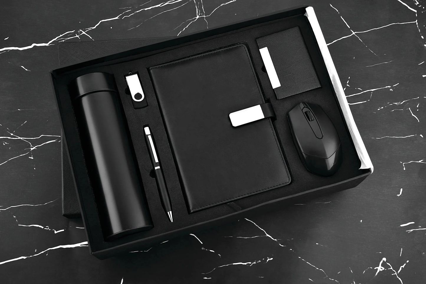 Black 6in1 Combo Gift Set Wireless Mouse, Pen, 32 GB USB Pen Drive, Notebook Diary, Cardholder, and Temperature Bottle - For Employee Joining Kit, Corporate, Client or Dealer Gifting JKSR181