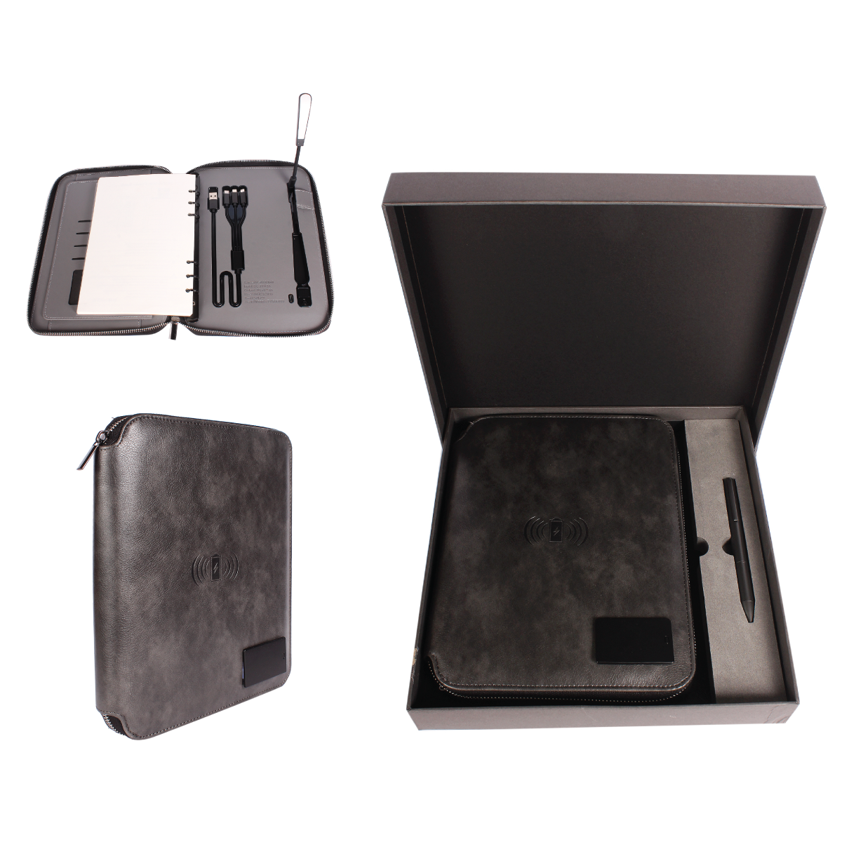 Personalized 2 in 1 Charcoal Black Leather Finished 8000mAh Power Bank Diary Logo Glow Combo Gift Set - For Employee Joining Kit, Client, Dealer Gifting, Corporate Gifting or Return Gift HK10244