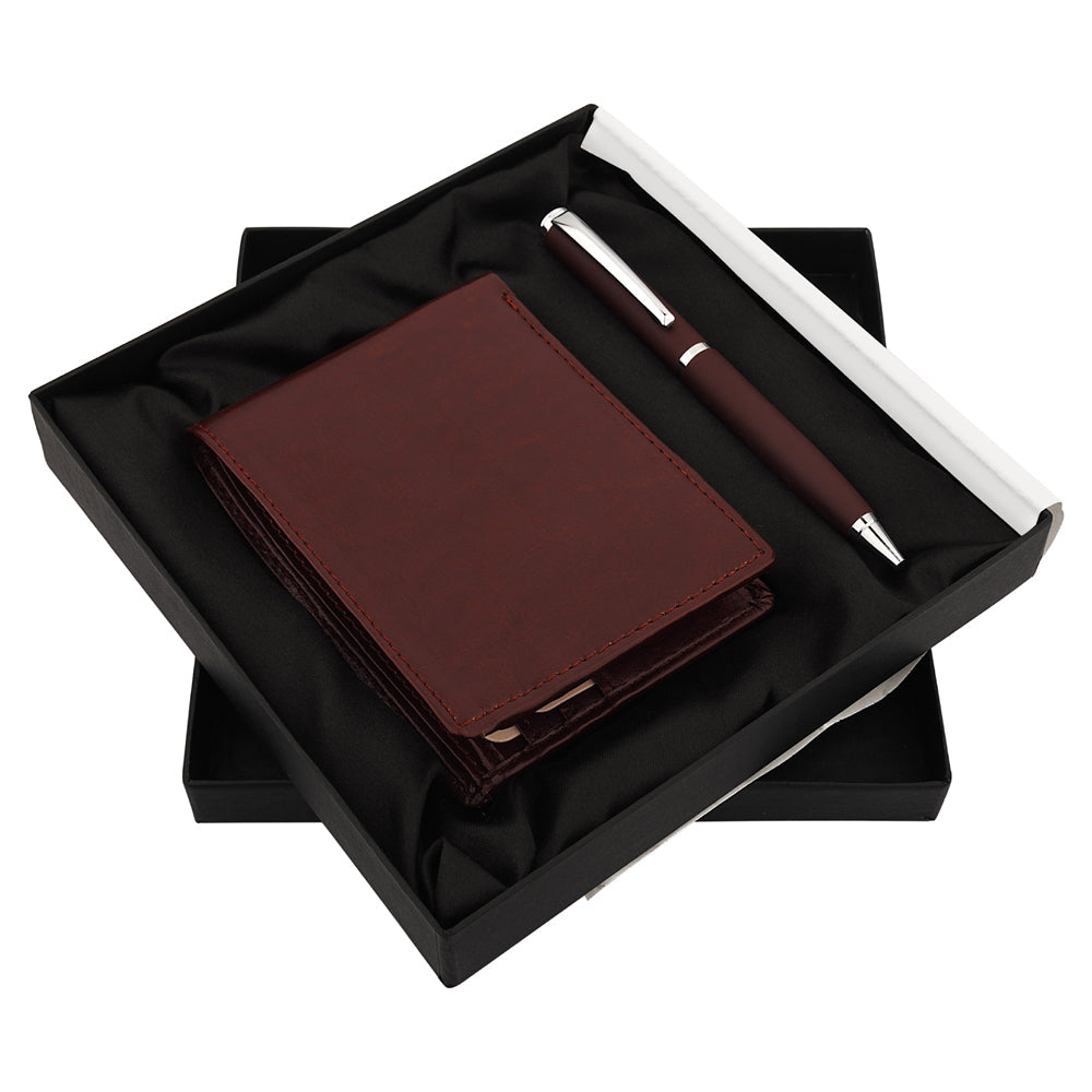 Pen and Wallet Brown 2in1 Combo Gift Set - For International Men's Day Gift, Employee Joining Kit, Corporate, Client or Dealer Gifting, Promotional Freebie JKSR128