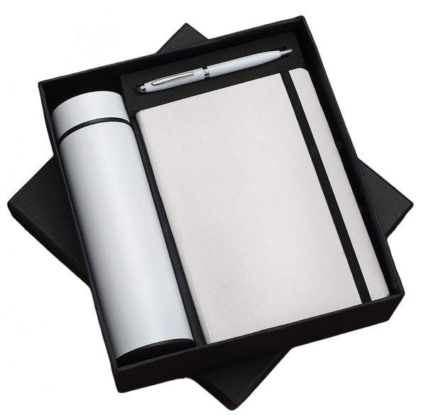 White 3in1 Combo Gift Set Notebook Diary, Round Pen, and Bottle - For Employee Joining Kit, Corporate, Client or Dealer Gifting JKSR182