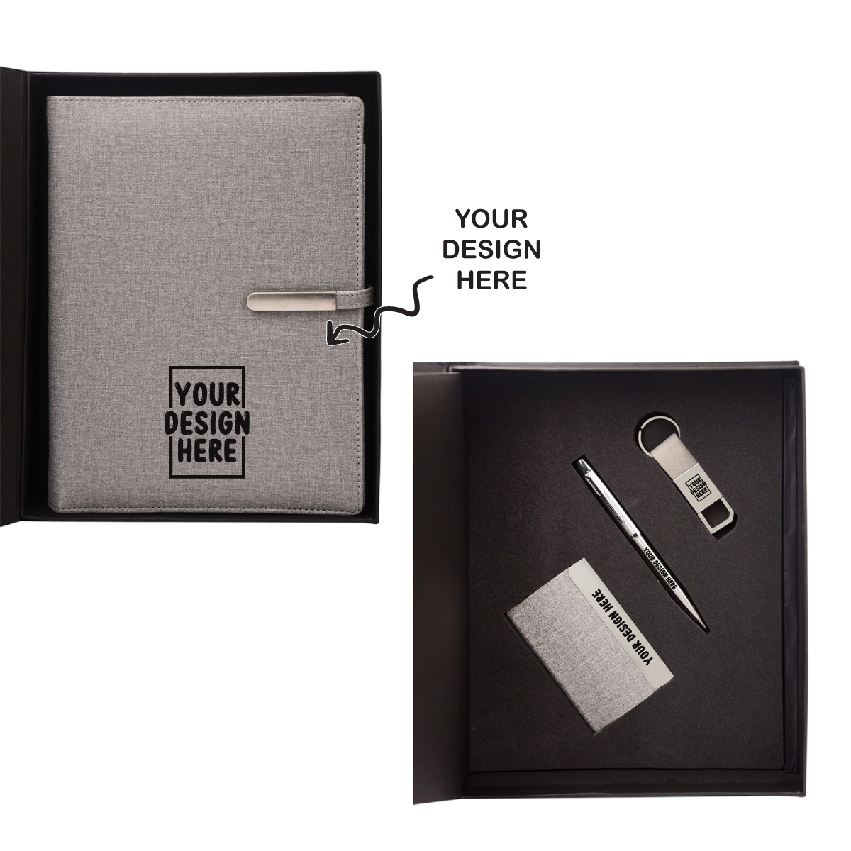 4 in 1 Personalized Grey Power Bank Notebook Diary, Pen, Keychain, and Card Holder Combo - For Employee Joining Kit, Client, Dealer Gifting, Corporate Gifting or Return Gift HK2564