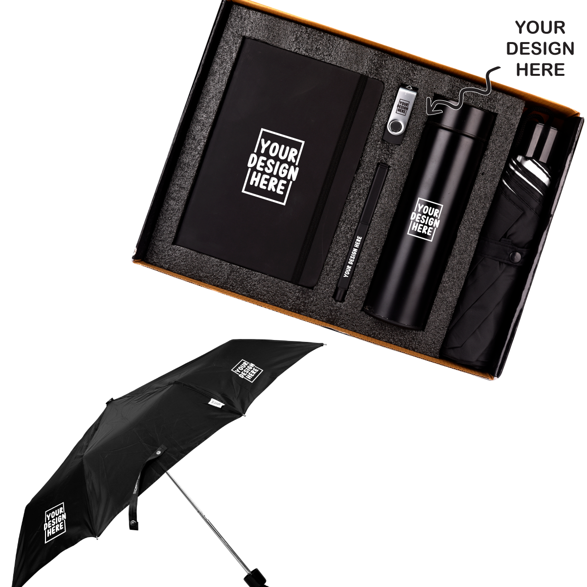 Black 5in1 Bottle, Pen, Diary, Pen Drive and Umbrella Combo Gift Set - For Employee Joining Kit, Corporate, Client or Dealer Gifting HK37455