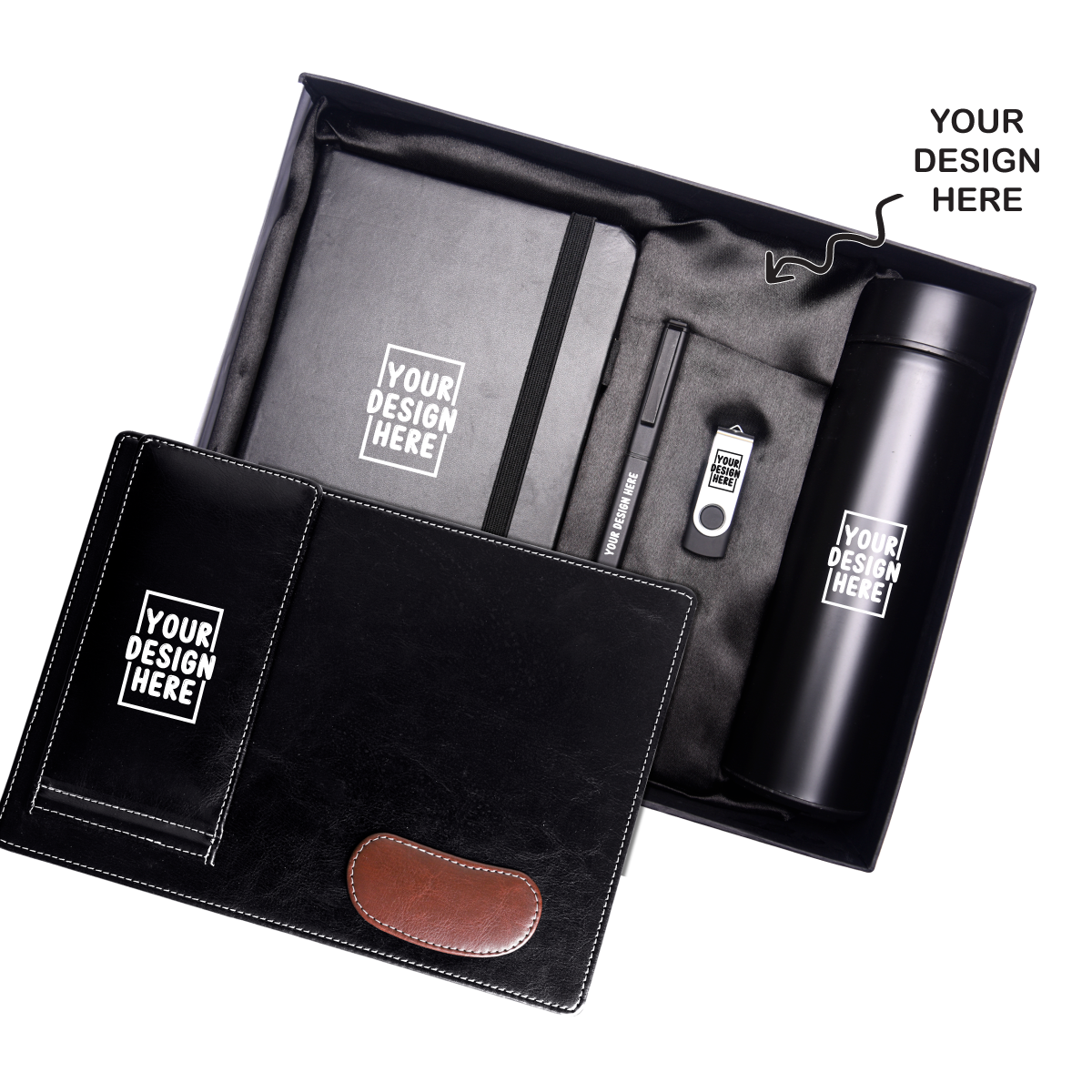 Black 5in1 Bottle, Mouse Pad, Pen, Pen drive and Diary Combo Gift Set - For Employee Joining Kit, Corporate, Client or Dealer Gifting HK37520