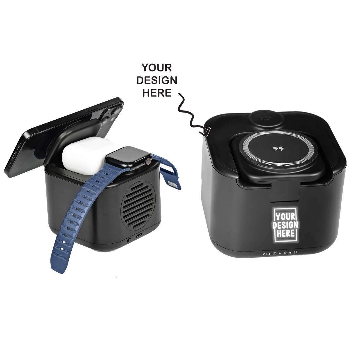 Personalized Logo Glow Multipurpose Bluetooth Speaker cum 3 in 1 Wireless Charger - For Corporate Gifting, Event Gifting, Freebies, Return Gift, Promotions - HK10286