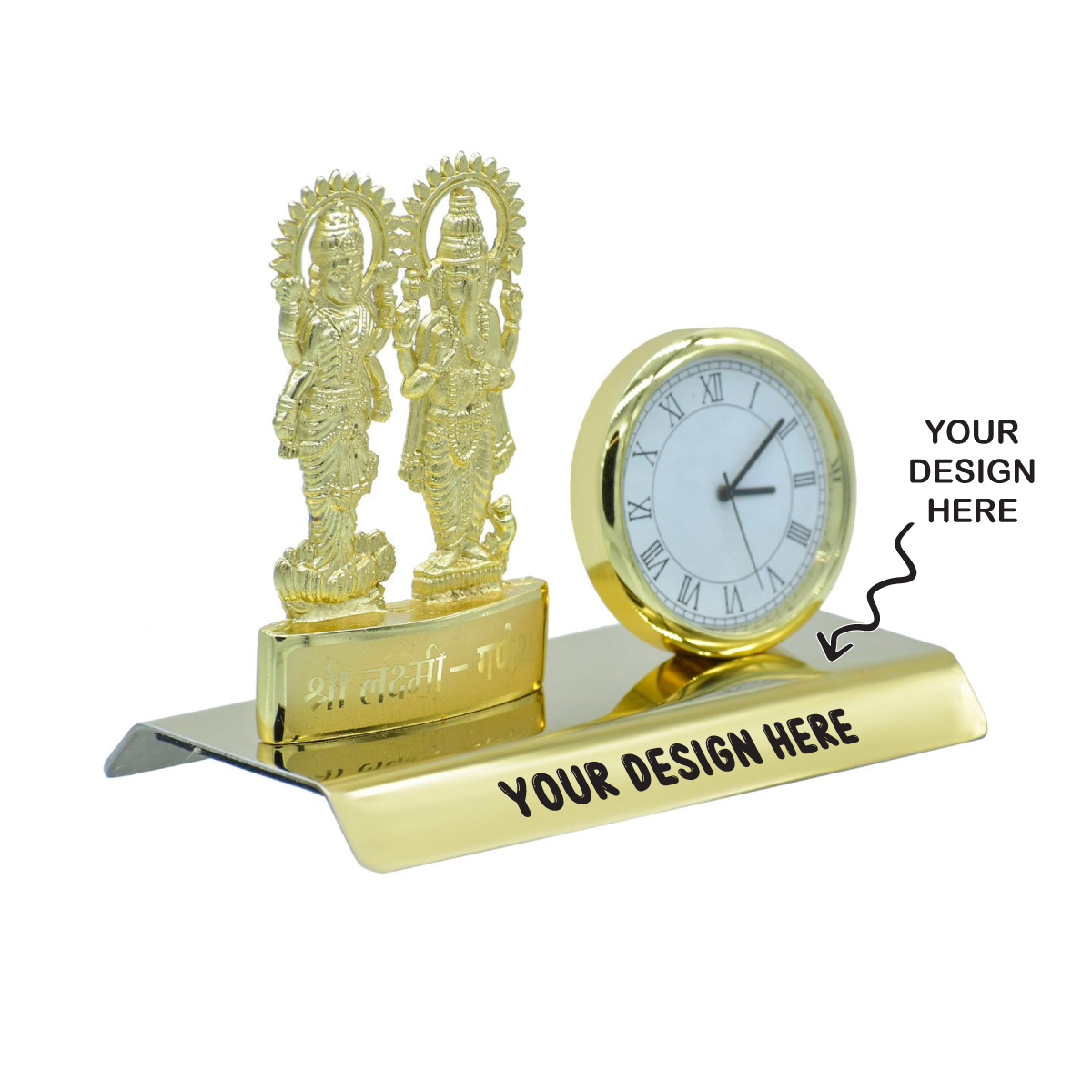 Desktop Golden Shri Laxmi Ganesh With Clock - For Corporate Gifting, Diwali Gifting for Employees, Dealers, Stakeholders, Customers JATT658