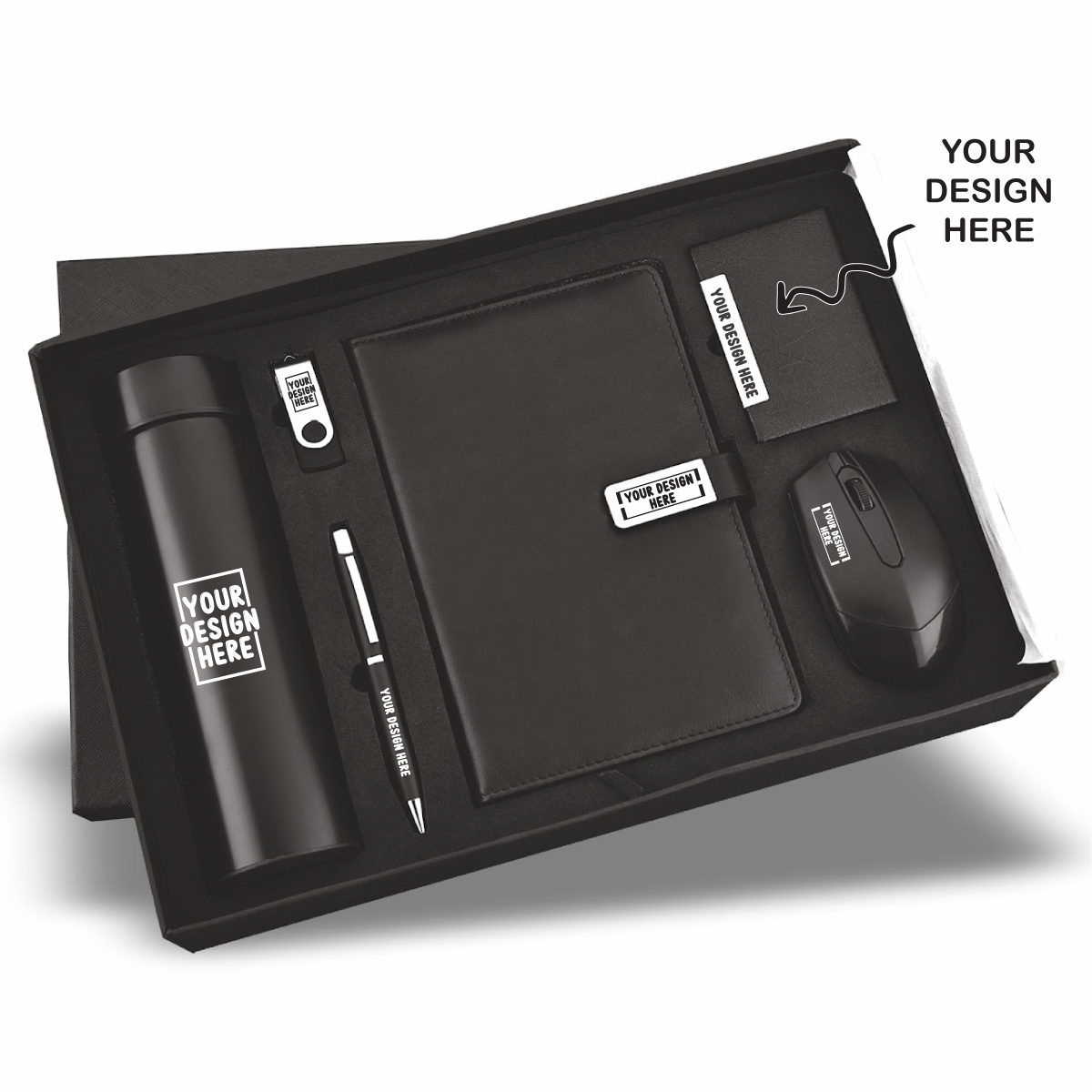 Black 6in1 Combo Gift Set Wireless Mouse, Pen, 32 GB USB Pen Drive, Notebook Diary, Cardholder, and Temperature Bottle - For Employee Joining Kit, Corporate, Client or Dealer Gifting JKSR181