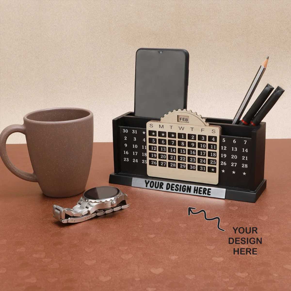 Personalized Engraved Lifetime Calendar Wooden Stationery cum Pen Stand - For Corporate Gifting, Event or Exhibition Freebies, Promotions, Festival Office Gifting JKWD02