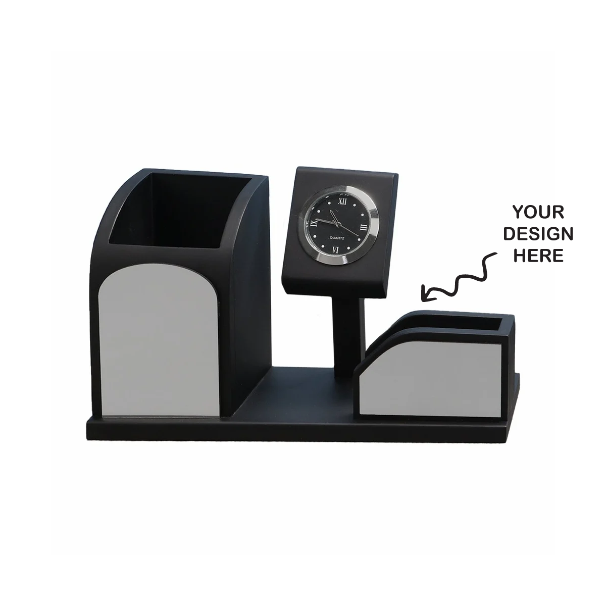 Personalized Engraved Wooden Stationery cum Pen Stand with Clock - For Corporate Gifting, Event or Exhibition Freebies, Promotions, Festival Office Gifting JKWD04