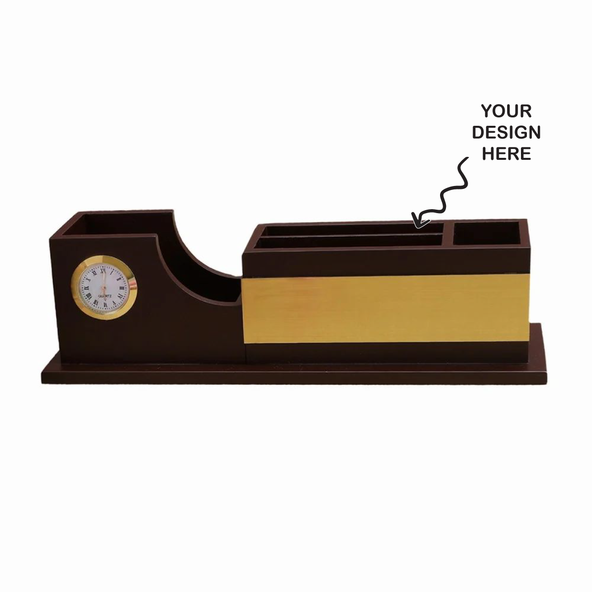 Personalized Engraved Wooden Stationery cum Pen Stand with Clock - For Corporate Gifting, Event or Exhibition Freebies, Promotions, Festival Office Gifting JKWD05