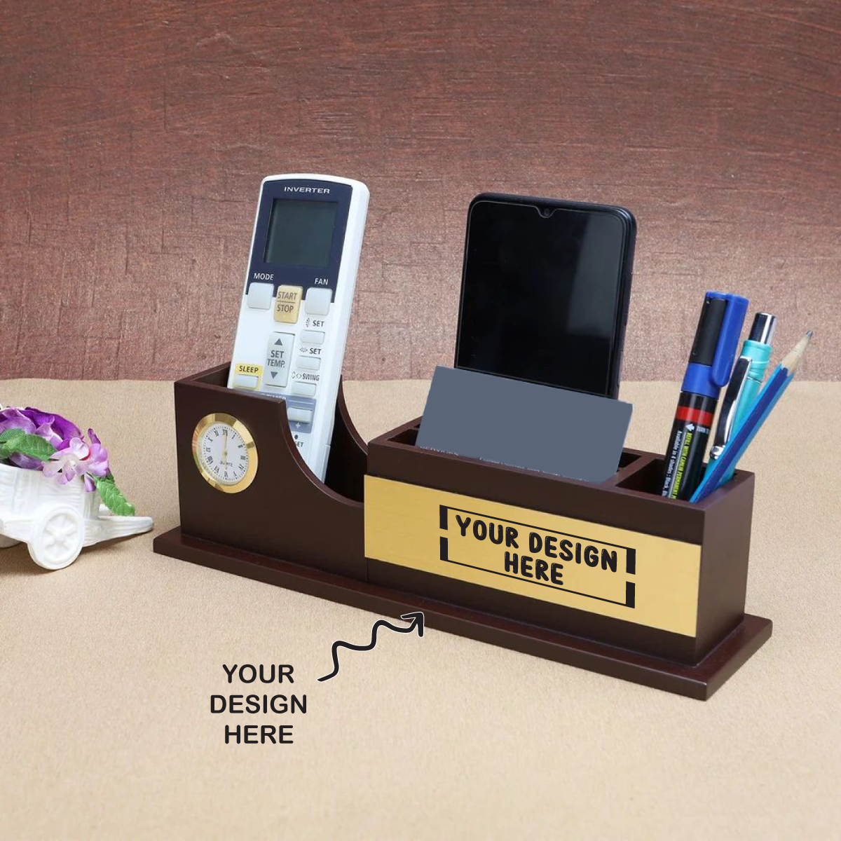 Personalized Engraved Wooden Stationery cum Pen Stand with Clock - For Corporate Gifting, Event or Exhibition Freebies, Promotions, Festival Office Gifting JKWD05