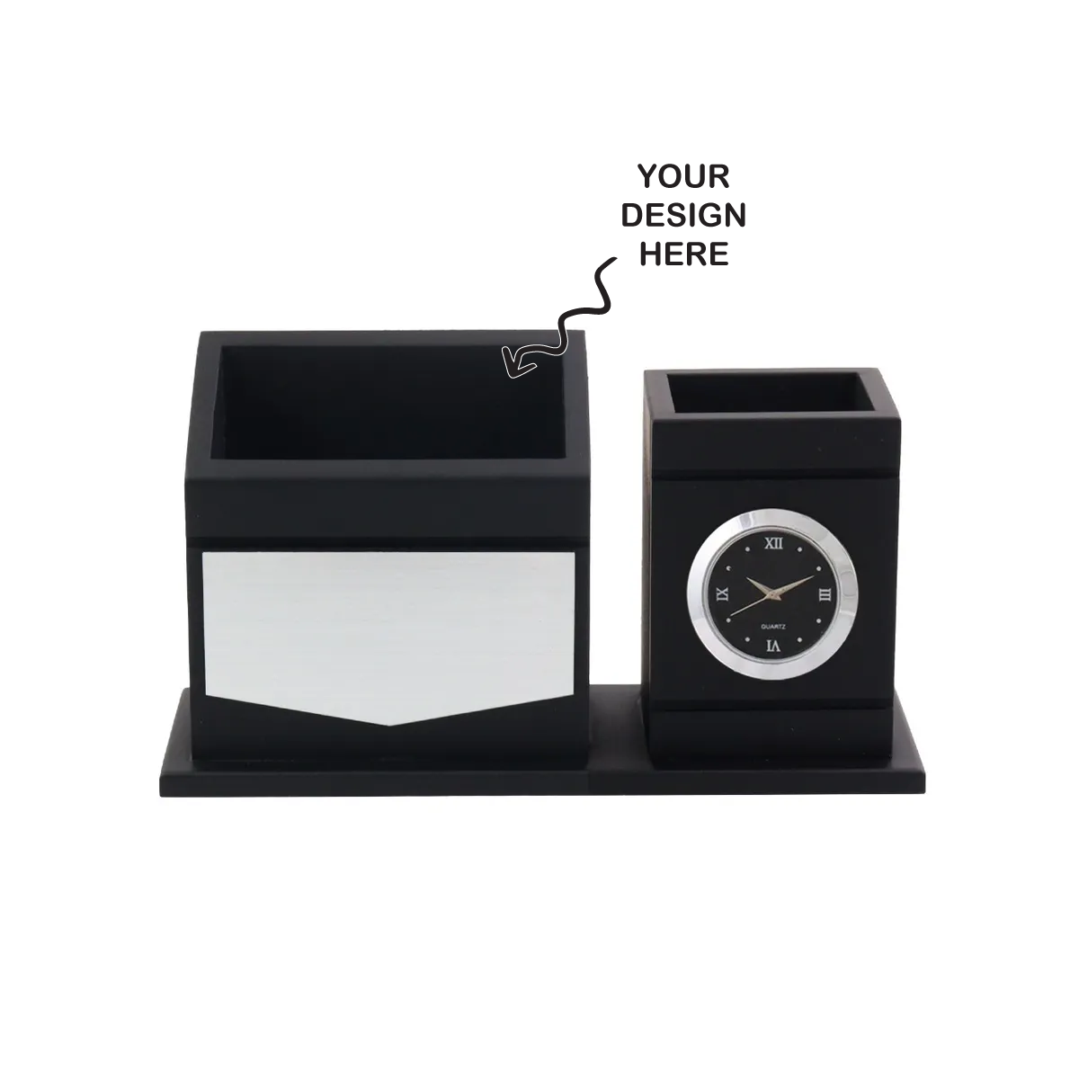Personalized Engraved Wooden Stationery cum Pen Stand with Clock - For Corporate Gifting, Event or Exhibition Freebies, Promotions, Festival Office Gifting JKWD07