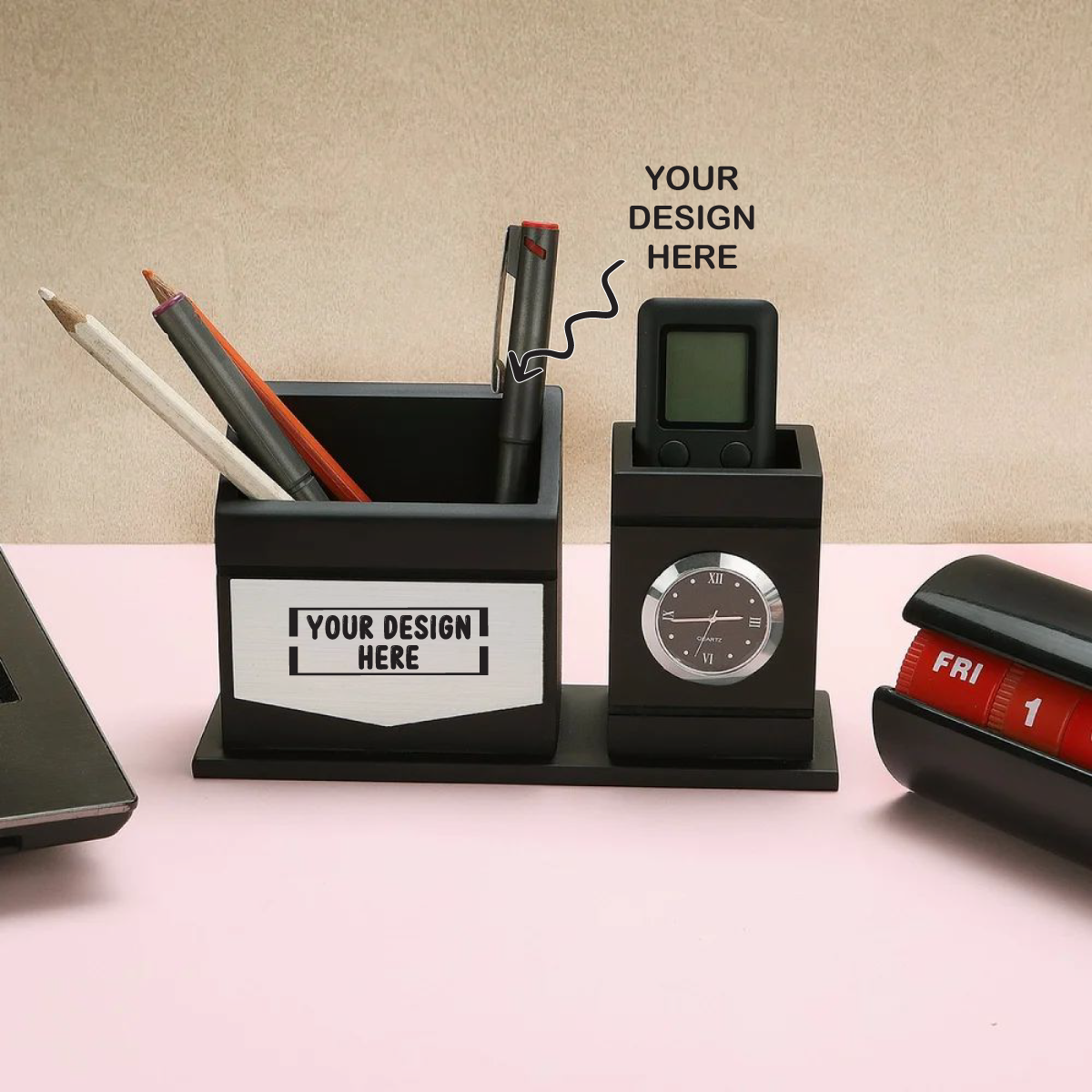 Personalized Engraved Wooden Stationery cum Pen Stand with Clock - For Corporate Gifting, Event or Exhibition Freebies, Promotions, Festival Office Gifting JKWD07