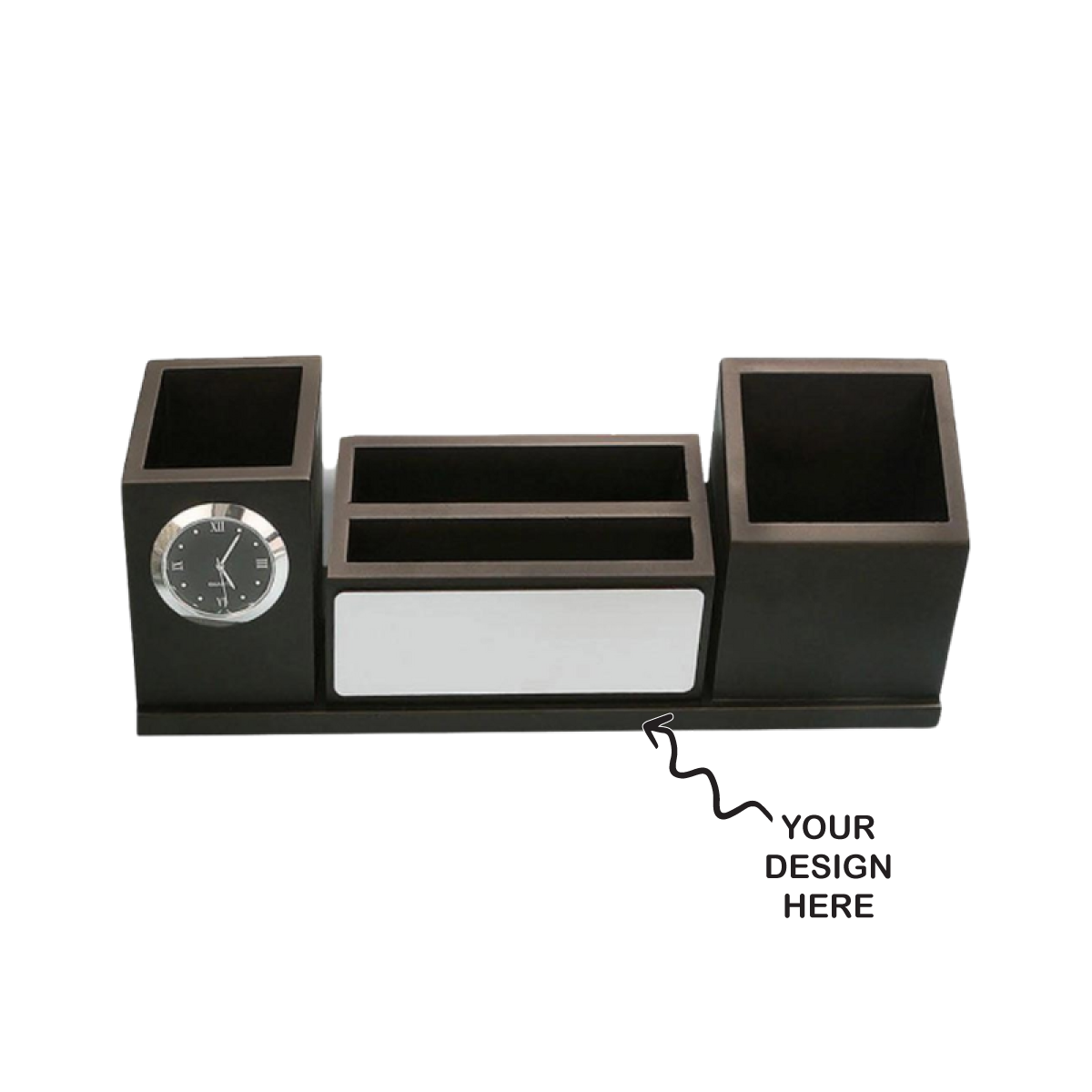 Personalized Engraved Wooden Stationery cum Pen Stand with Clock - For Corporate Gifting, Event or Exhibition Freebies, Promotions, Festival Office Gifting JKWD10