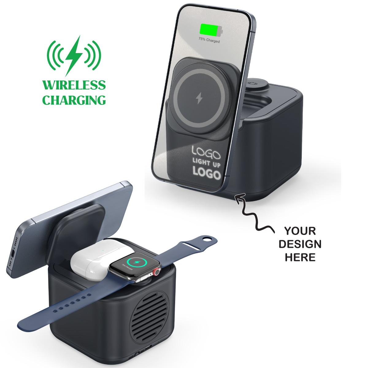Personalized Logo Glow Multipurpose Bluetooth Speaker cum 3 in 1 Wireless Charger - For Corporate Gifting, Event Gifting, Freebies, Return Gift, Promotions - HK10286 - The Gifting Marketplace