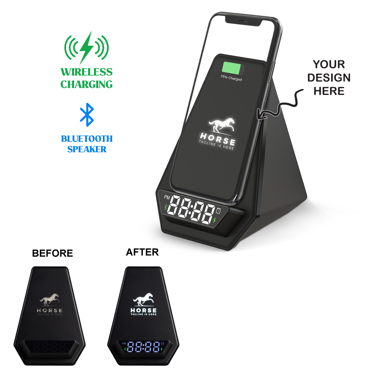 Personalized Logo Glow Multipurpose Bluetooth Speaker, Wireless Charging, Clock, cum Phone Stand - For Corporate Gifting, Event Gifting, Freebies, Return Gift, Promotions - HK10285 - The Gifting Marketplace