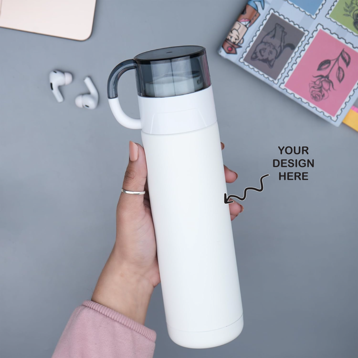Personalized Laser Engraved Black Insulated White Steel Vacuum Bottle - 500ml - For Corporate Gifting, Return Gift, Event Freebies and Promotions TGMGC-491