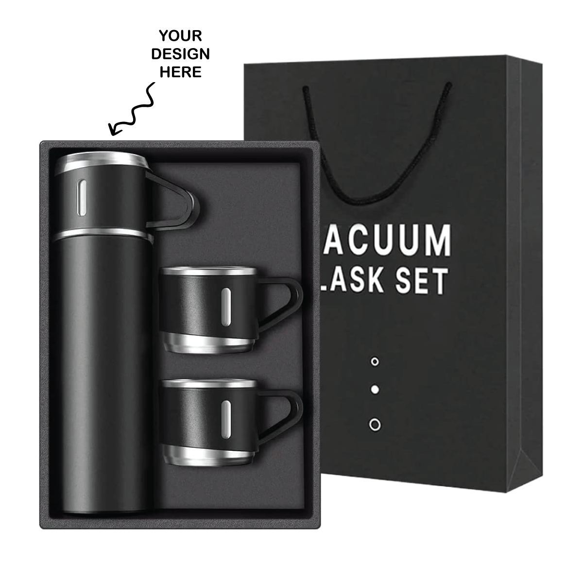 Personalized Laser Engraved Black Steel Vacuum Flask Set with 3 Steel Cups Combo - - For Corporate Gifting, Return Gift, Event Freebies and Promotions TGMGC-76