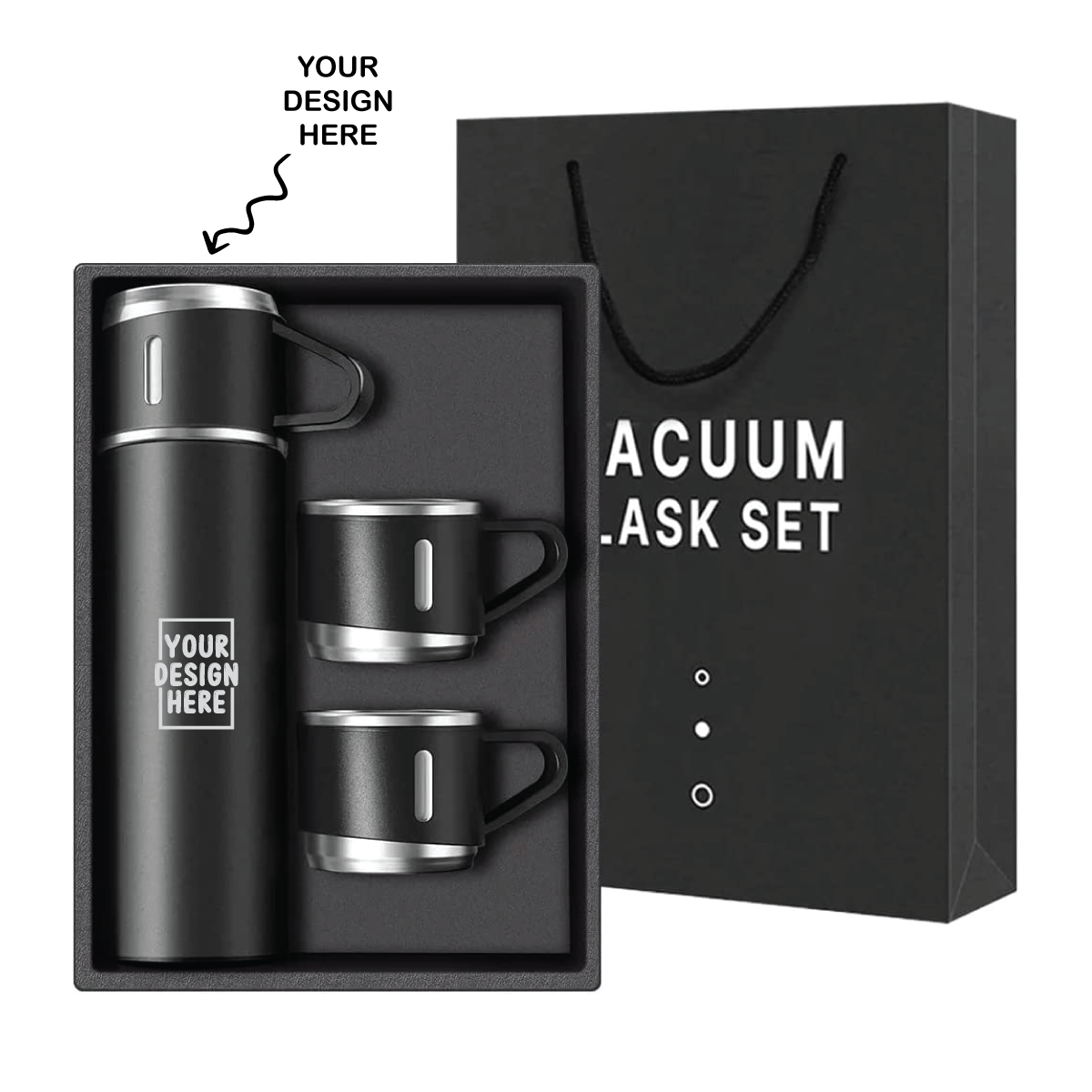 Personalized Laser Engraved Black Steel Vacuum Flask Set with 3 Steel Cups Combo - - For Corporate Gifting, Return Gift, Event Freebies and Promotions TGMGC-76