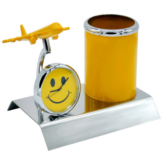 Personalized Engraved Air Craft Smiley Pen Stand With Clock - For Corporate Gifting, Events Promotional Freebie, Return Gift - JATT525SY
