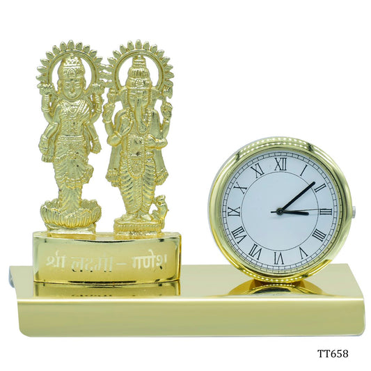 Desktop Golden Shri Laxmi Ganesh With Clock - For Corporate Gifting, Diwali Gifting for Employees, Dealers, Stakeholders, Customers JATT658