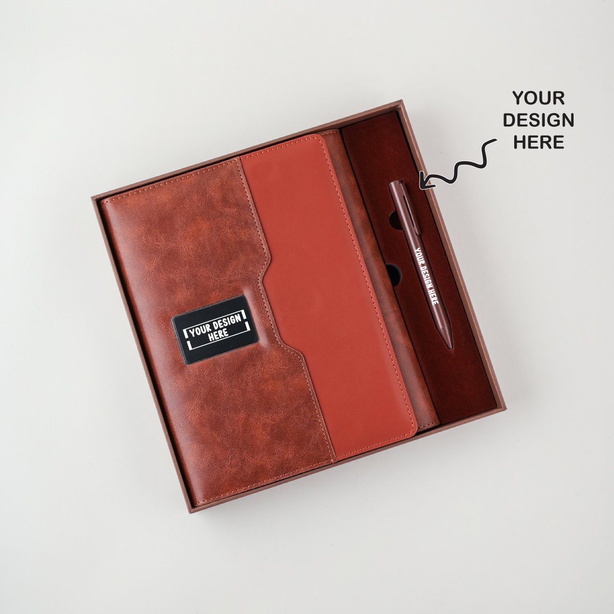 Engraved 2 in 1 Brown Leather Finished 8000mAh Power Bank Diary With Pen Logo Glow Combo Gift Set - For Employee Joining Kit, Client, Dealer Gifting, Corporate Gifting or Return Gift HK10246