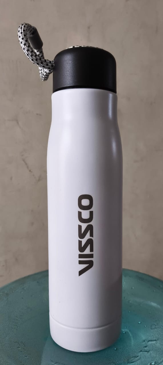 Personalized White Rope Handle Double Wall Metal Vacuum Water Bottle - 550ml - For Corporate Gifting, Birthday, Marriage, Anniversary Return Gift, Event Gift, Promotions TGMGC-15