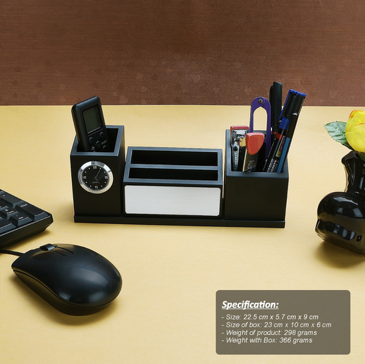 Personalized Engraved Wooden Stationery cum Pen Stand with Clock - For Corporate Gifting, Event or Exhibition Freebies, Promotions, Festival Office Gifting JKWD10