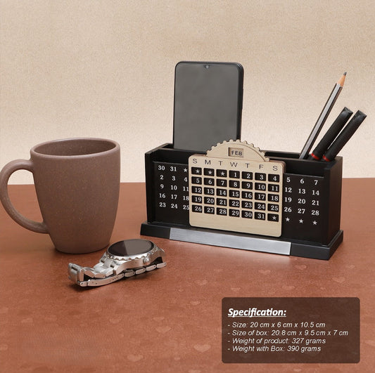 Personalized Engraved Lifetime Calendar Wooden Stationery cum Pen Stand - For Corporate Gifting, Event or Exhibition Freebies, Promotions, Festival Office Gifting JKWD02