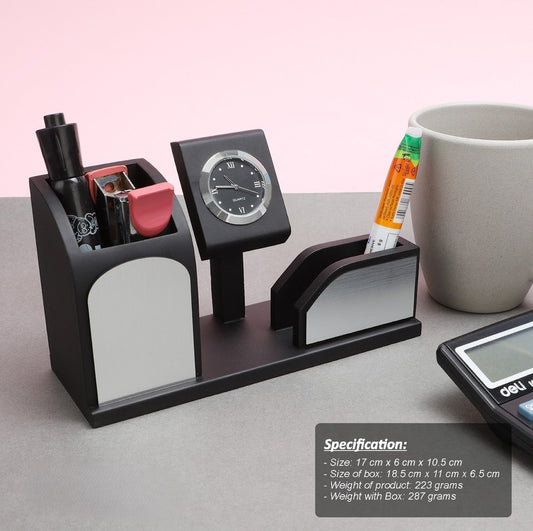 Personalized Engraved Wooden Stationery cum Pen Stand with Clock - For Corporate Gifting, Event or Exhibition Freebies, Promotions, Festival Office Gifting JKWD04