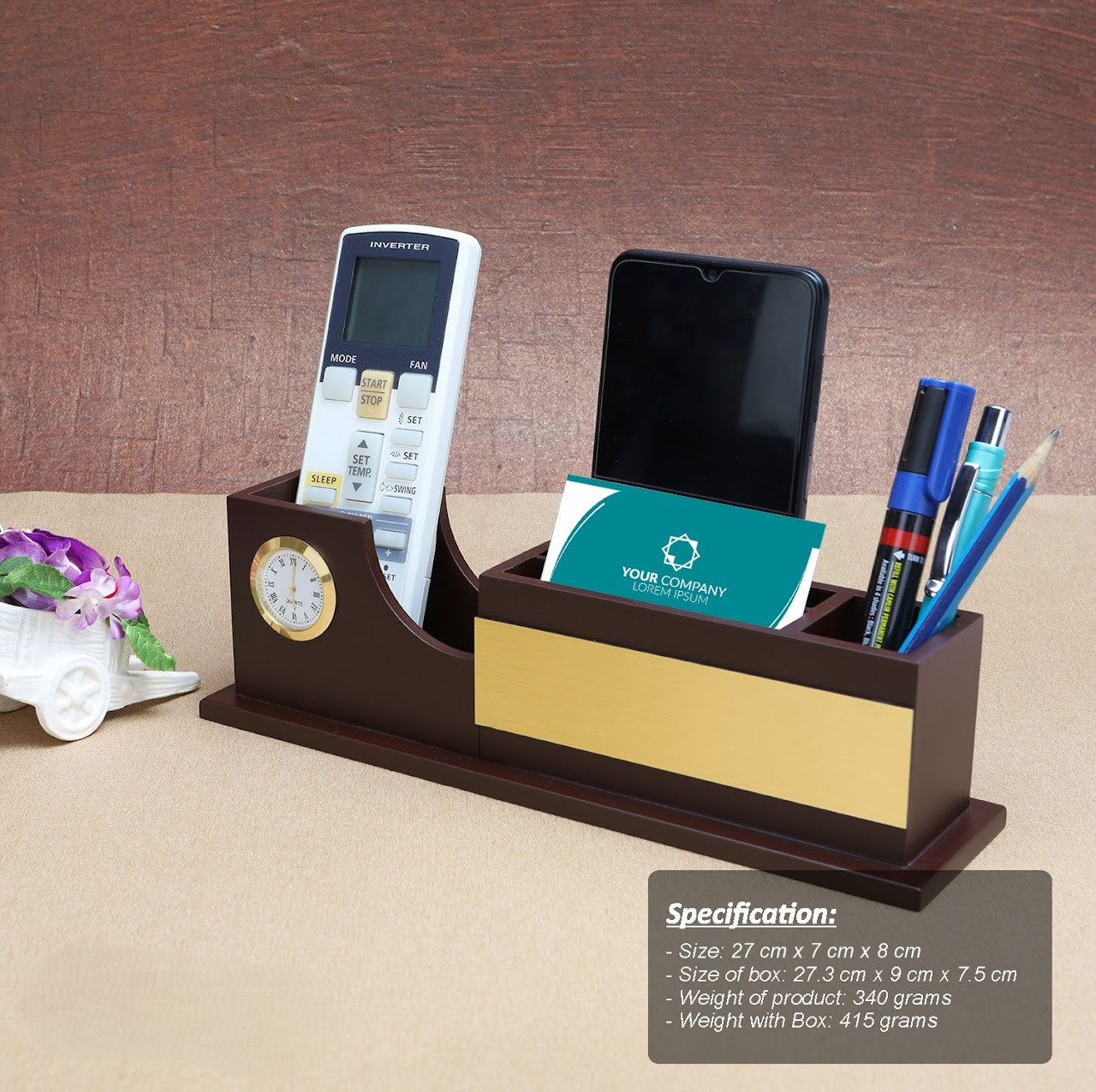 Personalized Engraved Wooden Stationery cum Pen Stand with Clock - For Corporate Gifting, Event or Exhibition Freebies, Promotions, Festival Office Gifting JKWD05