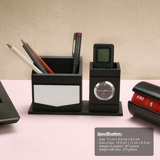 Personalized Engraved Wooden Stationery cum Pen Stand with Clock - For Corporate Gifting, Event or Exhibition Freebies, Promotions, Festival Office Gifting JKWD07