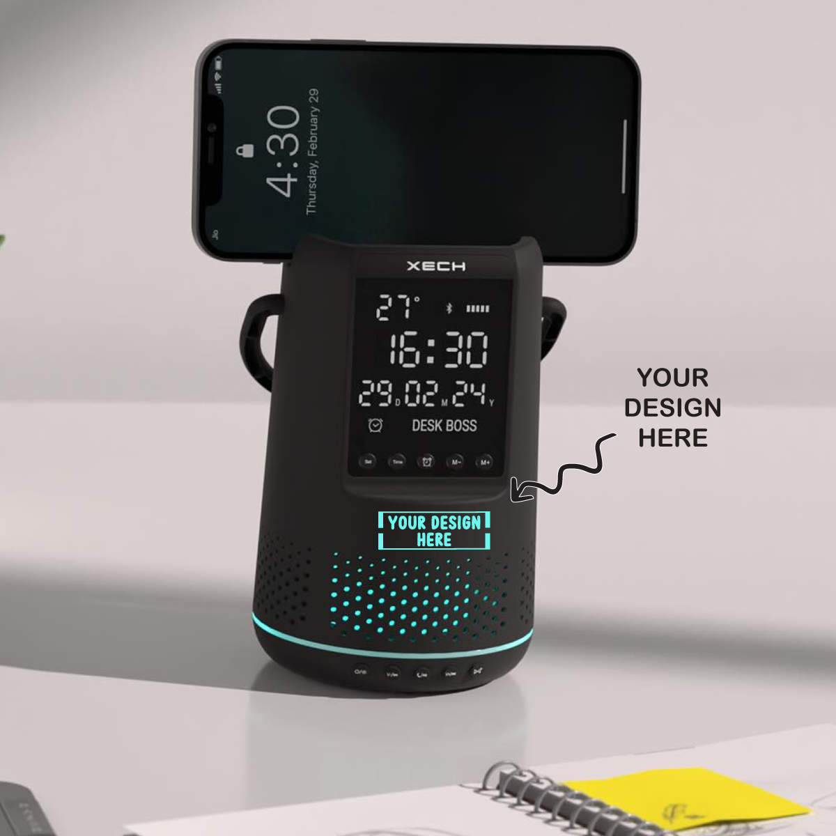 Personalized Black Multipurpose Wireless Speaker cum Alarm Clock, Smartphone or Pen Stand, with RGB lights - For Corporate Gifting, Office Gift Item, Return Gift, Event Gifts, Promotions XT1 - The Gifting Marketplace