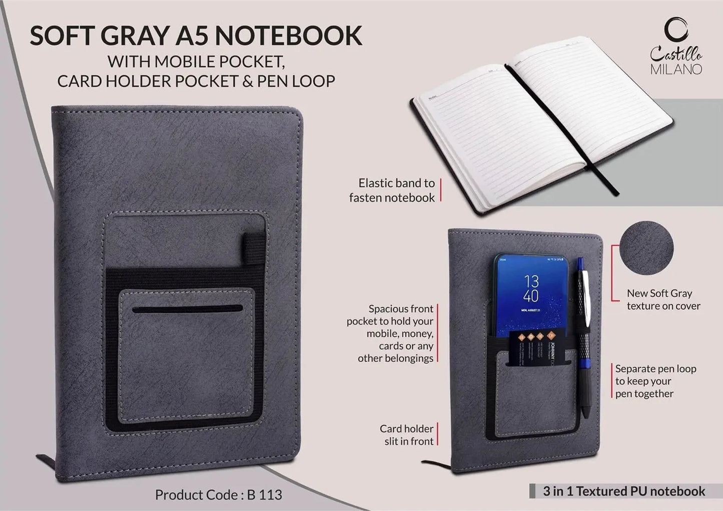 Personalized Gray Multipurpose Textured PU notebook A5 Size Corporate Notebook Diary - For Office Use, Personal Use, or Corporate Gifting BG113