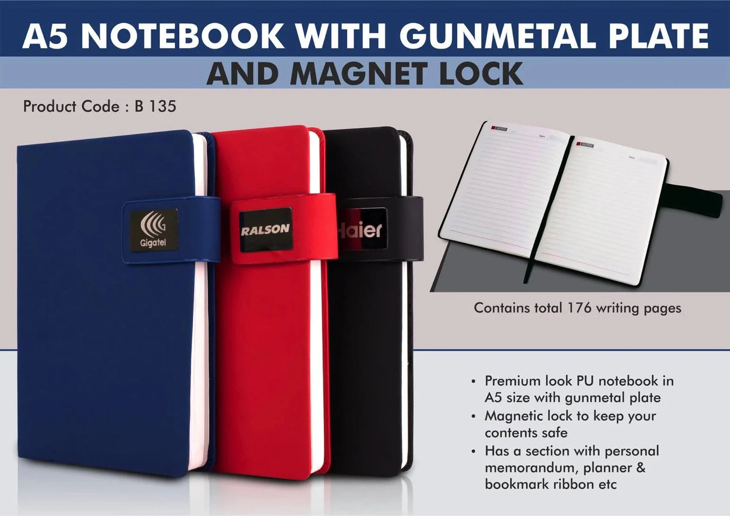Personalized Magnetic Lock A5 Size Corporate Notebook Diary - For Office Use, Personal Use, or Corporate Gifting BG135