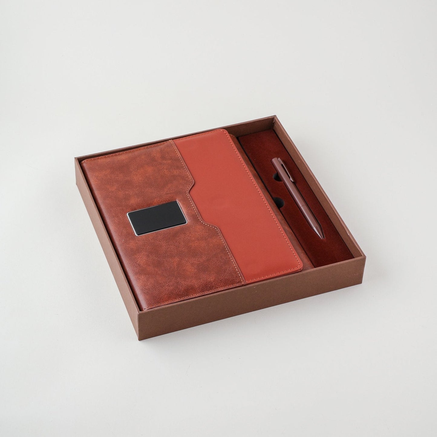 Engraved 2 in 1 Brown Leather Finished 8000mAh Power Bank Diary With Pen Logo Glow Combo Gift Set - For Employee Joining Kit, Client, Dealer Gifting, Corporate Gifting or Return Gift HK10246