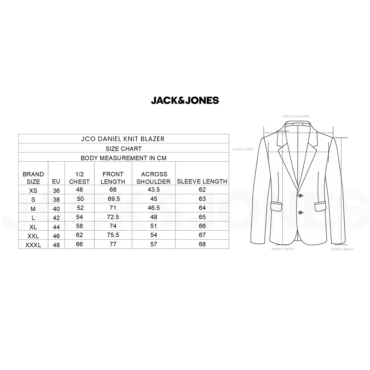 Size chart for the Customized Black Jack&Jones Daniel Knit Blazer