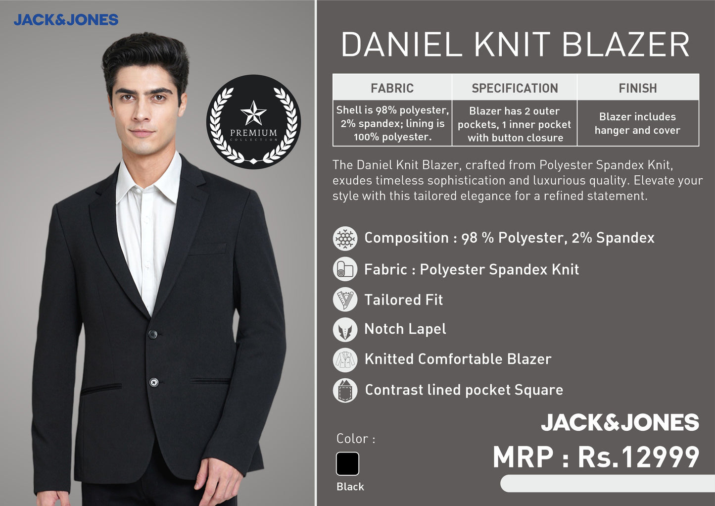 Black Personalized Jack&Jones Daniel Knit Blazer with Logo Branding for Corporate Gifting specification and it's features