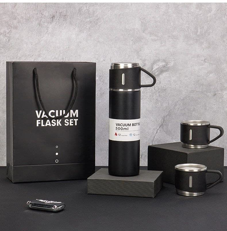 Black steel vacuum flask set with 3 cups, perfect for outdoor adventures and travel