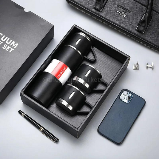 Black steel vacuum flask set with 3 cups elegantly presented in a gift box
